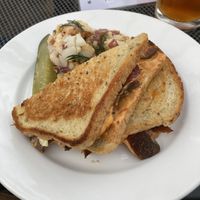 Smoked Beet Reuben sandwich! Every little detail was perfect! I’ve never liked a Reuben til now. YUM! The potato salad and pickle were also great! A must try for sure! at Otherlands Beer in Bellingham