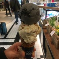 Both vegan flavors in a waffle cone   at Harlow Ice Cream in Tokyo