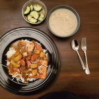 Tofu katsu with Japanese curry; cucumber salad; "clam" chowder at SoCo Vedge in Narragansett
