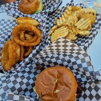 Pulled pork, onion rings, waffle fries (with mayo of course) and Smash burger at Burger Fiancé in Montreal
