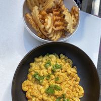 Waffle fries and Mac and Cheese  at Burger Fiancé in Montreal