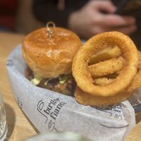Onion rings and burger effiloché   at Burger Fiancé in Montreal