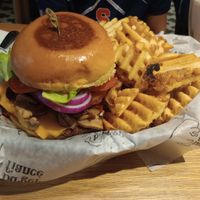 Burger fiance with impossible patty and waffle fries at Burger Fiancé in Montreal