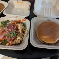 Burger w kimchi fries at Burger Fiancé in Montreal