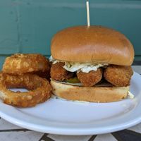 chicken sandwich and onion rings at Oscar's Burgers in Portland