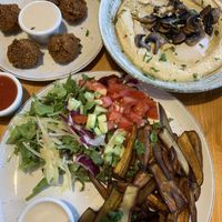 Felafel, hummus with mushrooms and eggplant shawarma with salat! at Hummus and Company in Barcelona