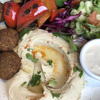 Hummus, falafel, and grilled veggies  at Hummus and Company in Barcelona