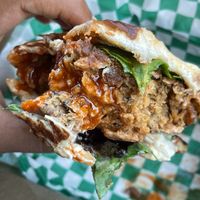 Closeup of the sandwich 😍 I asked for maximum sauce  at Karelyns Vegan Soul Café in Orlando