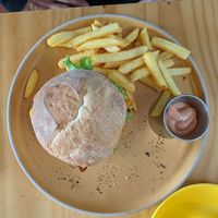 Burger and fries at Bosque Urbano in San Jose