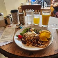 Jorge's black bean cakes & juevos rancheros "drunken eggs" (with soyrizo & scrambled egg whites - but also available with tofu scramble) at m henry in Chicago