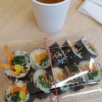Veganized kimbab and a light soup broth at M-A-T Koreanische Küche in Munich