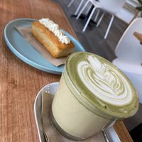 Matcha Latte and Lemon Cake with Icing and Tapioca Pearls at Cultivate & Co in Eumundi