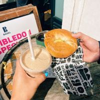 Vegan cream cheese and avocado bagel, breakfast smoothie  at B Bagel in London