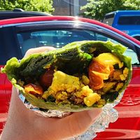 Vegan breakfast wrap with vegan egg, veggies, vegan sausage. at The Coffee Factory in Muskegon