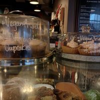 Vegan peanut butter chocolate and pumpkin with cinnamon frosting cupcakes at The Coffee Factory in Muskegon