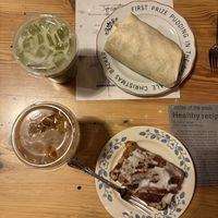 Falafel, rice, kale & pepper burrito - surprisingly good. Vegan iced coffee cake - very sweet, but good. Iced coffee & Matcha again😋  at The Coffee Factory in Muskegon