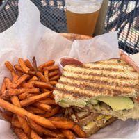 Veggie pressed sandie, sweet potato fries and IPA!  at Cafe Metropole in Santa Catalina Island