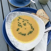 Soup outside, very nice bread  at Castaways Tea Shop in Seaton Sluice