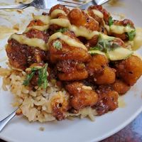 AMAZING! Korean Fried Cauliflower with coconut pineapple rice.  Just the right amount of spice. This place never disappoints. at Norwood's Restaurant & Treehouse Bar in New Smyrna Beach
