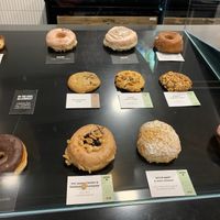 Display of doughnut flavours. Many vegan options  at Crosstown Doughnuts in Cambridge