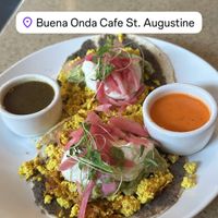 Vegan breakfast tacos with house made salsa verde and romesco  at Buena Onda Cafe in St Augustine