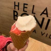 Ice cream cone with strawberry and lemon (partly eaten ) at Helado Bonito in Mexico City