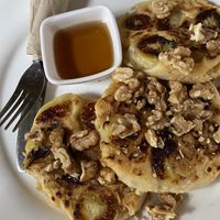 Nice pancakes with banana and walnut   at Nang Sabai Cafe Artisan Bakery in Koh Samui