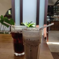 Americano with coconut juice & vegan chocolate with coconut milk at Nang Sabai Cafe Artisan Bakery in Koh Samui