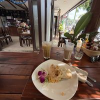 Tofu scramble wrap, almond milk ice latte and chunky monkey smoothie    at Nang Sabai Cafe Artisan Bakery in Koh Samui