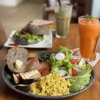Tofu scrambled, fresh greens and grilled vegetables, avocado and toast. Well balanced!  at Nang Sabai Cafe Artisan Bakery in Koh Samui