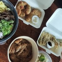 Selection of Karaage, Gyuudon, Gyoza and Ramen at Vegan Bistro Jangara in Tokyo