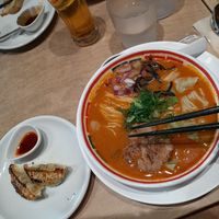 Vegan Karabon (spicy tonkotsu ramen) and Gyoza at Vegan Bistro Jangara in Tokyo