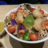 Salad bowl with fried food  at Vegan Bistro Jangara in Tokyo