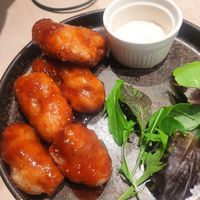 Vegan "chicken" balls with sauce at Vegan Bistro Jangara in Tokyo