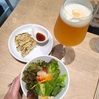 Gyoza and apple flavored beer at Vegan Bistro Jangara in Tokyo