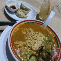 Spicy Karabon ramen, gyozas, and apple ginger drink  at Vegan Bistro Jangara in Tokyo