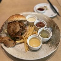 Burger (with double meat) and the remnants of the gyoza side  at Vegan Bistro Jangara in Tokyo