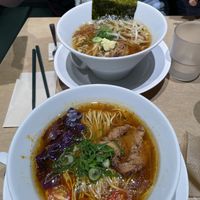 Soy sauce ramen and Taiwanese spicy noodle  at Vegan Bistro Jangara in Tokyo