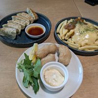 Gyoza, karrage and poutine at Vegan Bistro Jangara in Tokyo