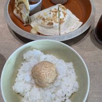 Vegan mentaiko mayo on rice and vegan quesadillas   at Vegan Bistro Jangara in Tokyo