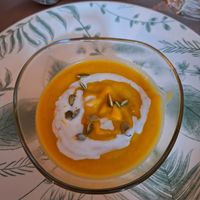 Pumpkin soup with coconut milk at Lucato Home Restaurant in Montorso Vicentino