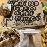 Heura gyros, chips, chipotle sauce and baklava   at Good Shit, Vegan Kebabs in Barcelona