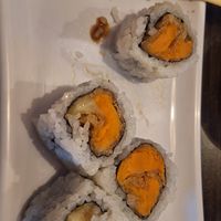 Sweet potato tempura roll WITHOUT eel sauce topping. at Sushi Bomb in Pittsburgh