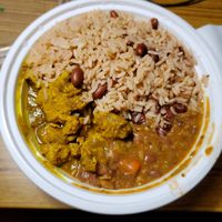 Jerk chicken, chili, rice and peas at Uptown Veg in New York City