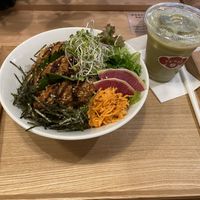 Wheat Cutlet bowl and soy matcha iced latte  at Tenzo in Tokyo