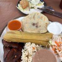 Combo plate with papusas, tamal, rice & beans, plantains  at El Tamarindo in Washington