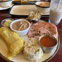 Combo plate w vegan pupusa, corn tamal, rice, bean, plantains  at El Tamarindo in Washington
