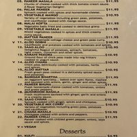Vegetarian menu with labeled vegan options  at Mirch Masala in Madison