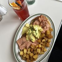 Eggs benny & hibiscus lemonade  at Stefano's Diner in Toronto