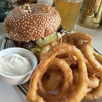 Fried Chicken Sandwich (make it “hot maple”) & Onion Rings  at Stefano's Diner in Toronto
